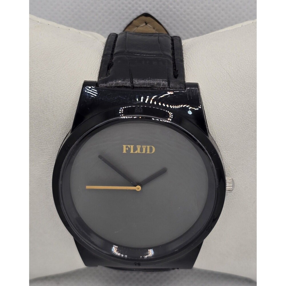 Men's Flud Minimalist Round Black Dial Case Quartz Black Leather Strap Watch 04 - Picture 4 of 9